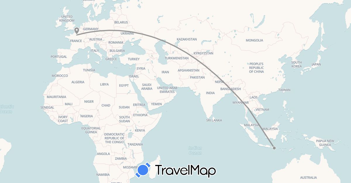 TravelMap itinerary: plane in France, Indonesia, Thailand (Asia, Europe)